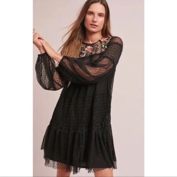 Anthropologie Maeve Sarama Tunic Dress Black Lace XSMALL- with black slip - Picture 1 of 3